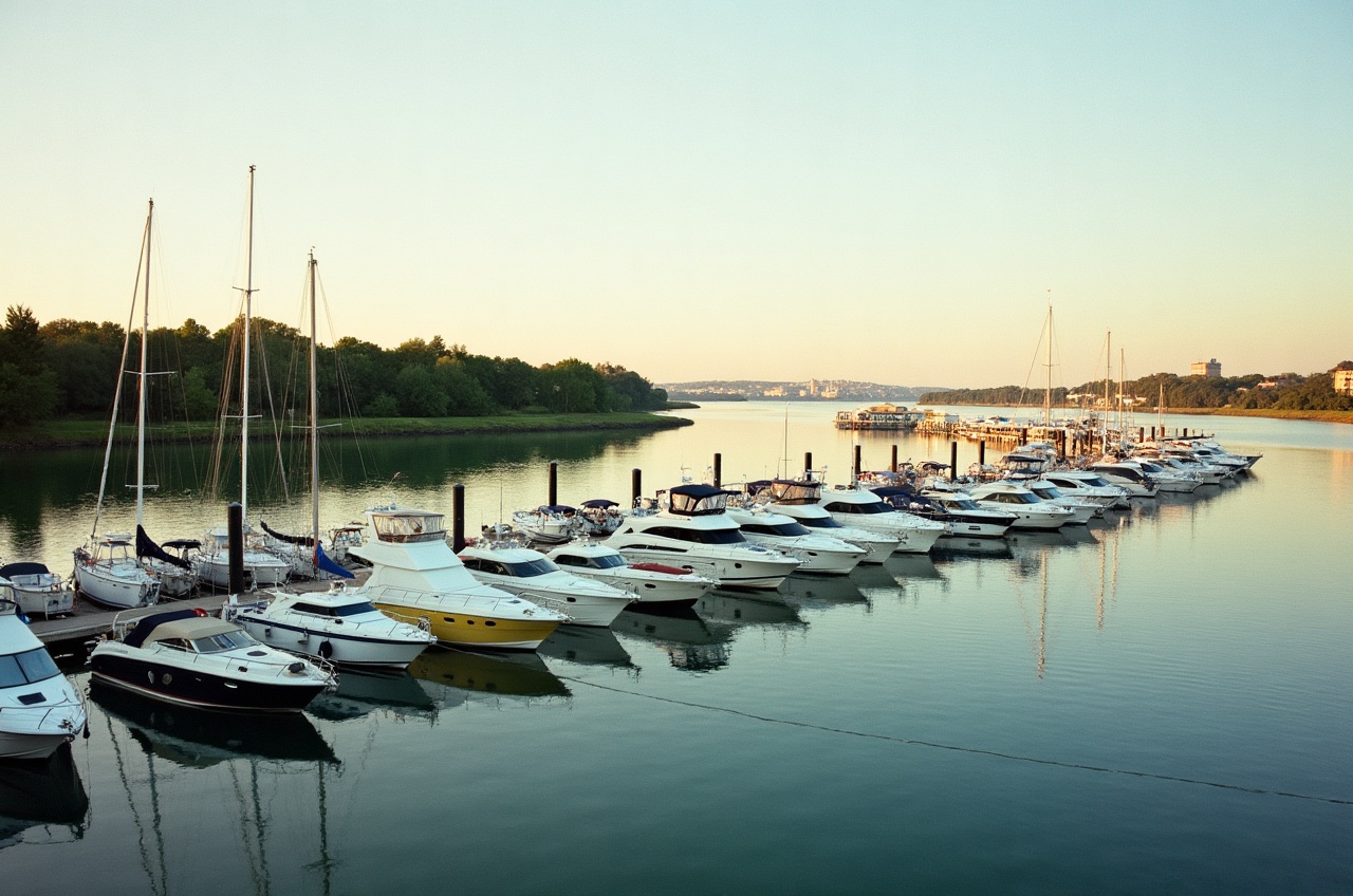 A marina of moored yachts on a calm river shoreline in late afternoon light