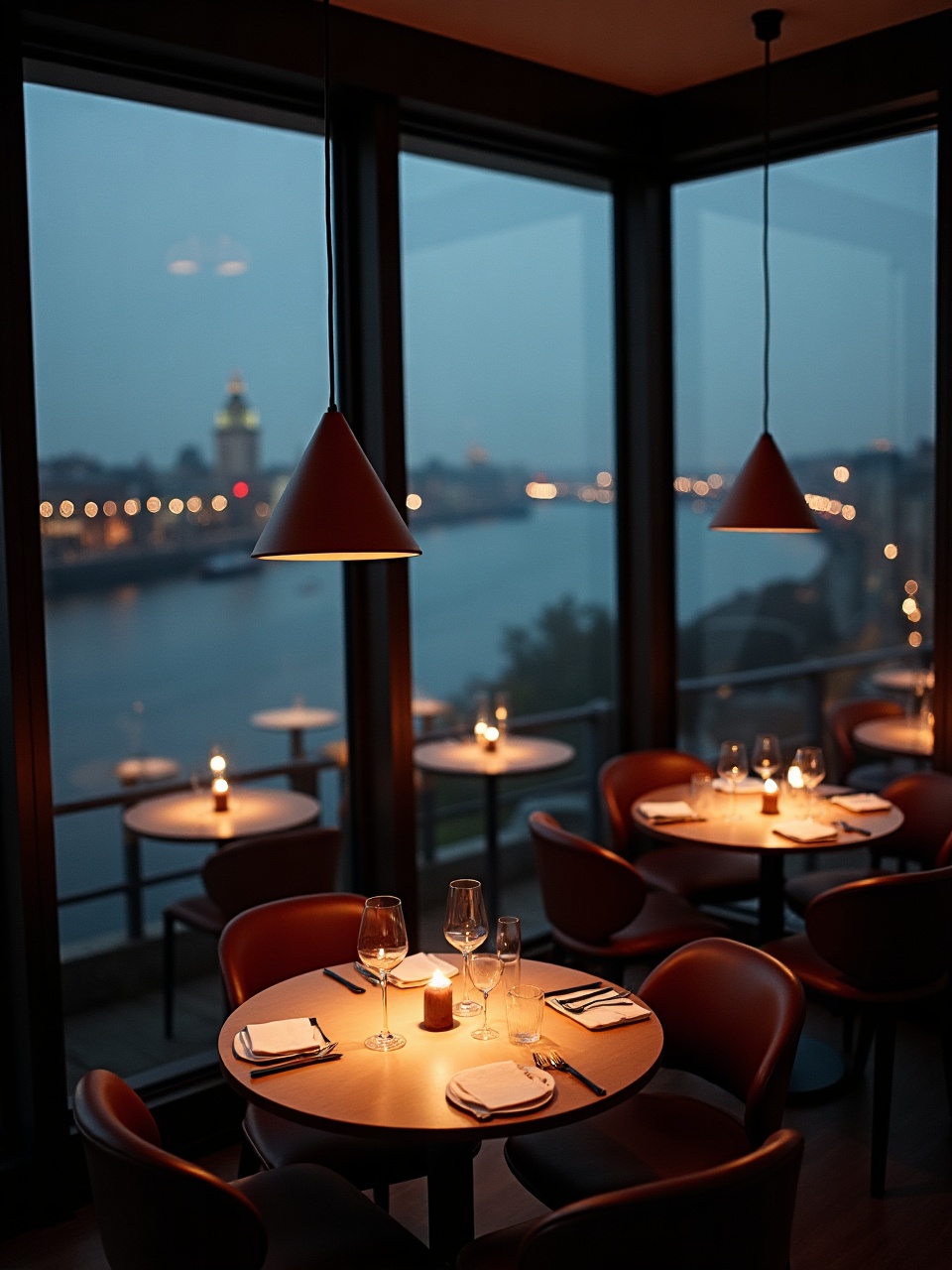 Interior of a glass-walled rooftop restaurant set for dinner at dusk, a river visible beyond the windows